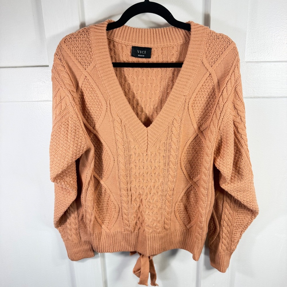 VICI Womens Peach Cable Knit V-Neck Open Tie Back Sweater Medium